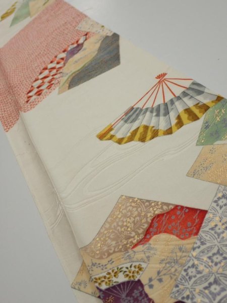 Photo1: 3P07z50  Japanese Kimono Silk  FABRIC Folding fan Off-white 65.4x7.5 (1)