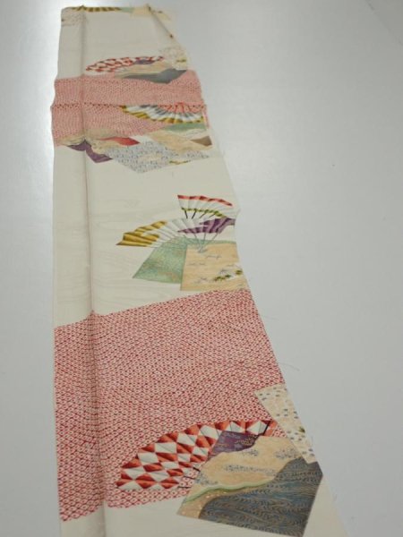 Photo3: 3P07z50  Japanese Kimono Silk  FABRIC Folding fan Off-white 65.4x7.5 (3)