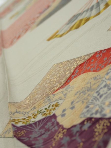 Photo4: 3P07z50  Japanese Kimono Silk  FABRIC Folding fan Off-white 65.4x7.5 (4)