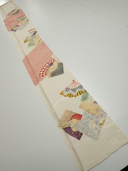 Photo5: 3P07z50  Japanese Kimono Silk  FABRIC Folding fan Off-white 65.4x7.5 (5)