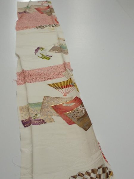 Photo3: 3P08z50  Japanese Kimono Silk  FABRIC Folding fan Off-white 65.4x7.7 (3)