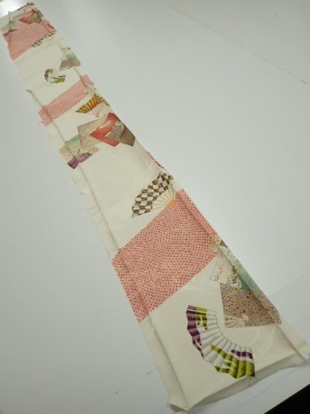 Photo5: 3P08z50  Japanese Kimono Silk  FABRIC Folding fan Off-white 65.4x7.7 (5)