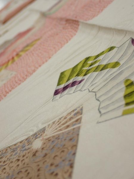 Photo4: 3P09z60  Japanese Kimono Silk  FABRIC Folding fan Off-white 93.7x6.9 (4)