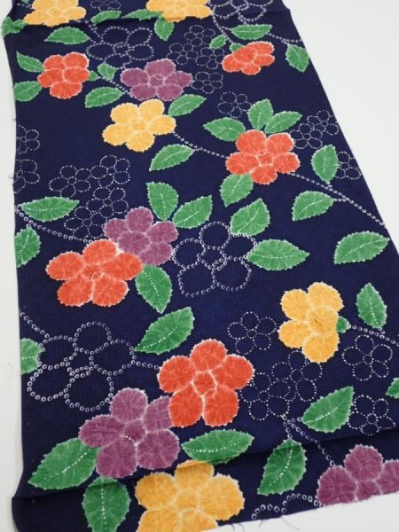Photo2: 3P01z60  Japanese Kimono Silk  FABRIC Flower Navy 41.7x13.6 (2)