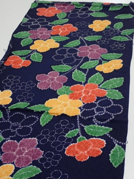 Photo3: 3P01z60  Japanese Kimono Silk  FABRIC Flower Navy 41.7x13.6 (3)