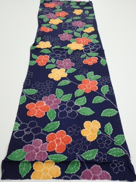 Photo5: 3P01z60  Japanese Kimono Silk  FABRIC Flower Navy 41.7x13.6 (5)