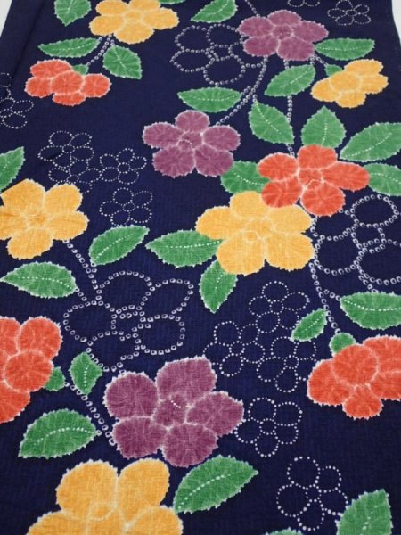 Photo1: 3P02z60  Japanese Kimono Silk  FABRIC Flower Navy 40.9x13.6 (1)