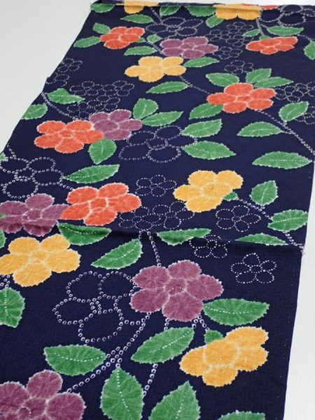 Photo3: 3P02z60  Japanese Kimono Silk  FABRIC Flower Navy 40.9x13.6 (3)