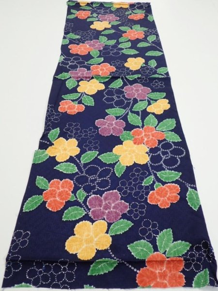 Photo5: 3P02z60  Japanese Kimono Silk  FABRIC Flower Navy 40.9x13.6 (5)