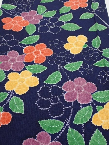 Photo1: 3P04z90  Japanese Kimono Silk  FABRIC Flower Navy 65.4x13.6 (1)