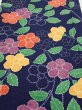 Photo1: 3P06z90  Japanese Kimono Silk  FABRIC Flower Navy 65.4x13.8 (1)