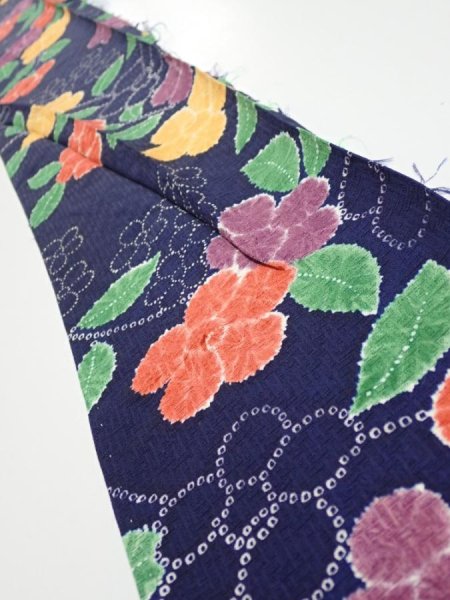 Photo1: 3P08z40  Japanese Kimono Silk  FABRIC Flower Navy 59.8x6.9 (1)