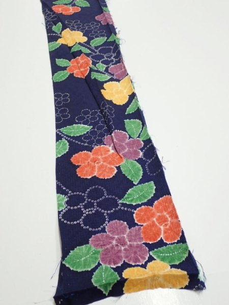 Photo2: 3P08z40  Japanese Kimono Silk  FABRIC Flower Navy 59.8x6.9 (2)