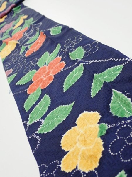 Photo1: 3P09z60  Japanese Kimono Silk  FABRIC Flower Navy 82.3x6.7 (1)