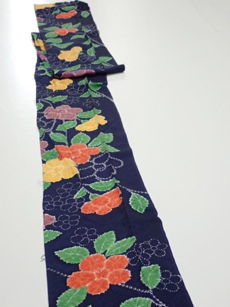 Photo3: 3P09z60  Japanese Kimono Silk  FABRIC Flower Navy 82.3x6.7 (3)