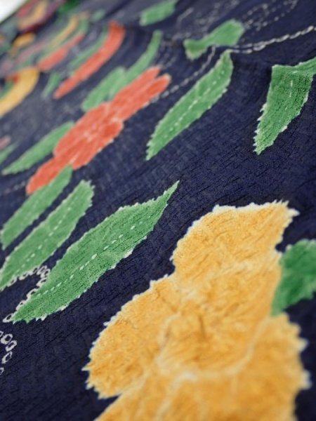 Photo5: 3P09z60  Japanese Kimono Silk  FABRIC Flower Navy 82.3x6.7 (5)