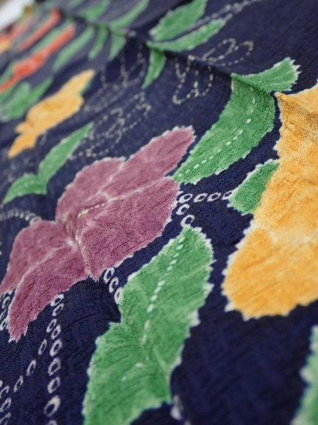 Photo3: 3P10z30  Japanese Kimono Silk  FABRIC Flower Navy 37.0x6.7 (3)