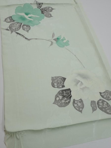 Photo2: 3P02z50  Japanese Kimono Silk  FABRIC Rose Mint white 42.1x14.4 (2)