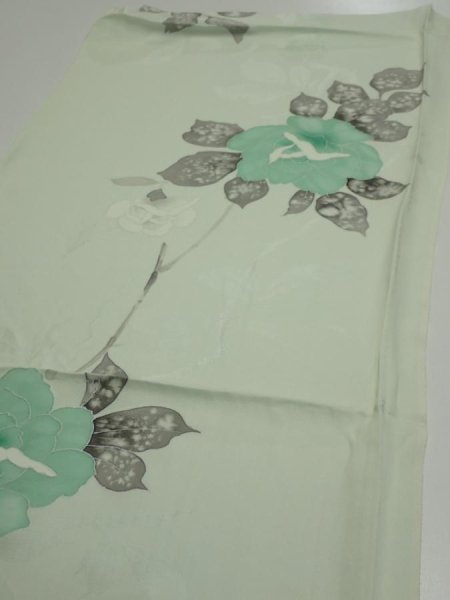 Photo3: 3P02z50  Japanese Kimono Silk  FABRIC Rose Mint white 42.1x14.4 (3)