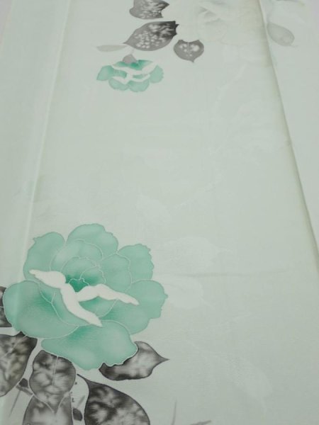 Photo1: 3P03z80  Japanese Kimono Silk  FABRIC Rose Mint white 61.8x14.4 (1)