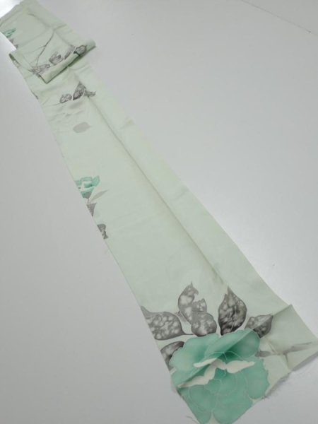 Photo5: 3P06z50  Japanese Kimono Silk  FABRIC Rose Mint white 75.6x6.7 (5)
