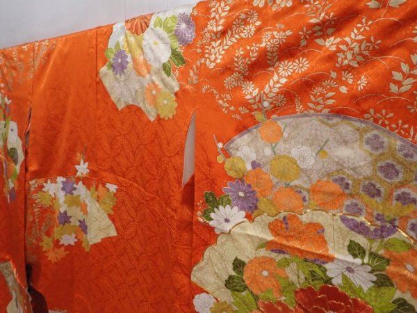 Photo2: 6109T11z1090 Vintage Japanese Kimono Silk FURISODE Peony Orangered (2)