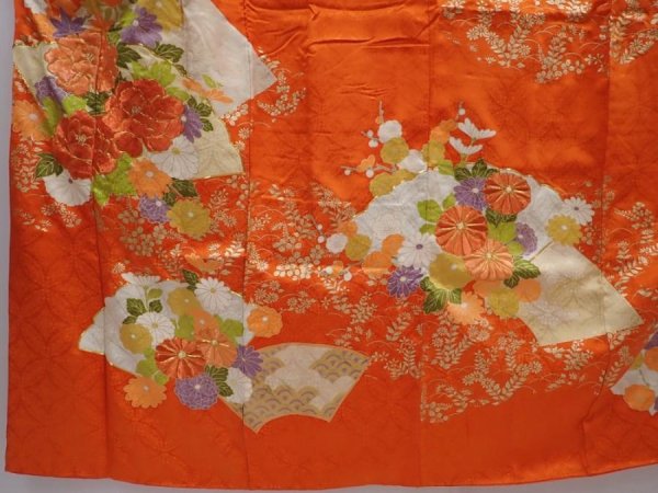 Photo5: 6109T11z1090 Vintage Japanese Kimono Silk FURISODE Peony Orangered (5)