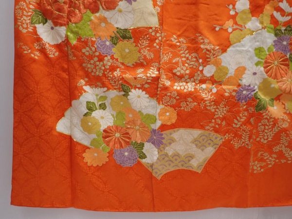 Photo6: 6109T11z1090 Vintage Japanese Kimono Silk FURISODE Peony Orangered (6)