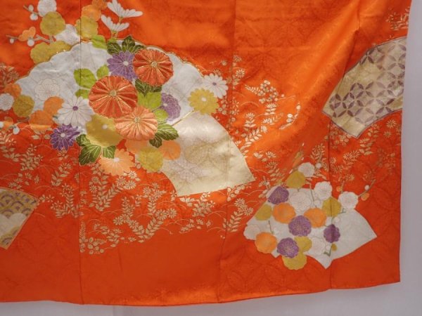 Photo7: 6109T11z1090 Vintage Japanese Kimono Silk FURISODE Peony Orangered (7)