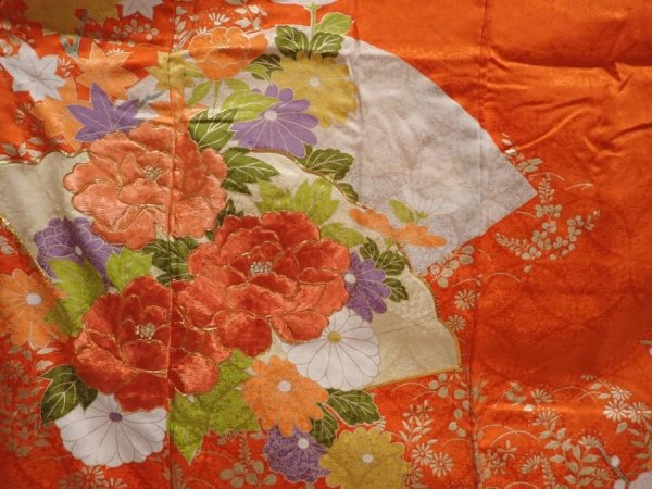 Photo8: 6109T11z1090 Vintage Japanese Kimono Silk FURISODE Peony Orangered (8)