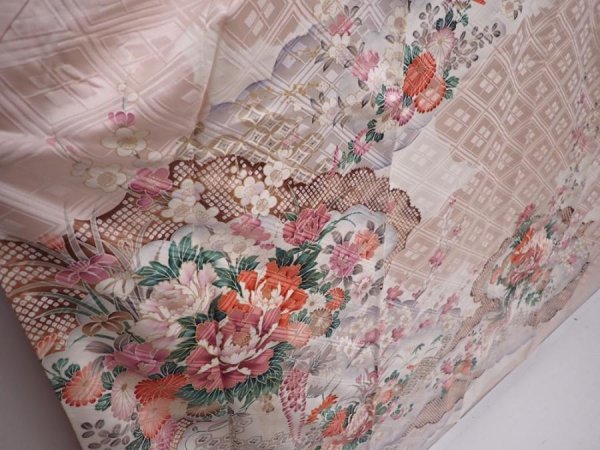 Photo3: 6109T12z1140 Vintage Japanese Kimono Silk FURISODE Flowers Ash pink (3)