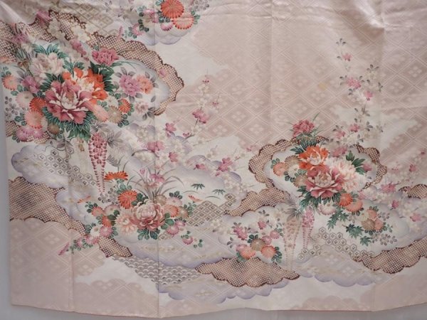 Photo5: 6109T12z1140 Vintage Japanese Kimono Silk FURISODE Flowers Ash pink (5)