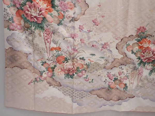 Photo6: 6109T12z1140 Vintage Japanese Kimono Silk FURISODE Flowers Ash pink (6)