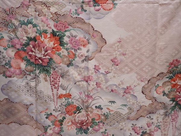 Photo8: 6109T12z1140 Vintage Japanese Kimono Silk FURISODE Flowers Ash pink (8)