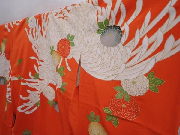 Photo2: 6109T13z1090 Vintage Japanese Kimono Silk FURISODE Chrysanthemum Orangered (2)