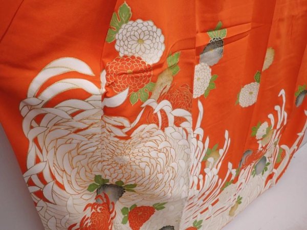 Photo3: 6109T13z1090 Vintage Japanese Kimono Silk FURISODE Chrysanthemum Orangered (3)