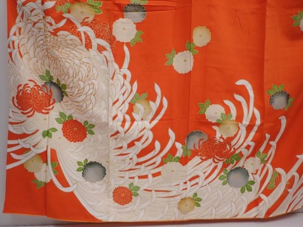 Photo5: 6109T13z1090 Vintage Japanese Kimono Silk FURISODE Chrysanthemum Orangered (5)