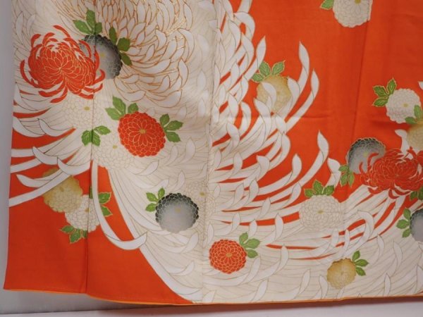Photo6: 6109T13z1090 Vintage Japanese Kimono Silk FURISODE Chrysanthemum Orangered (6)