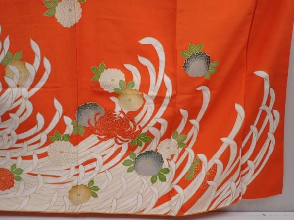 Photo7: 6109T13z1090 Vintage Japanese Kimono Silk FURISODE Chrysanthemum Orangered (7)