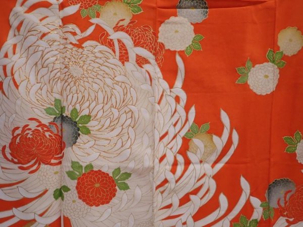 Photo8: 6109T13z1090 Vintage Japanese Kimono Silk FURISODE Chrysanthemum Orangered (8)