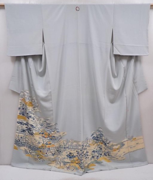 Photo1: 6109T14z1170  Japanese Kimono Silk Artst work IROTOMESODE Garden Dull light blue (1)