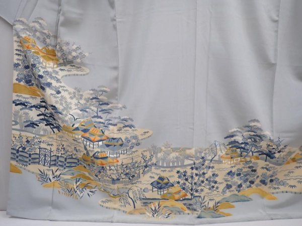 Photo5: 6109T14z1170  Japanese Kimono Silk Artst work IROTOMESODE Garden Dull light blue (5)