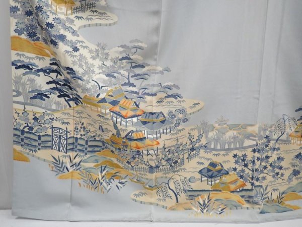 Photo6: 6109T14z1170  Japanese Kimono Silk Artst work IROTOMESODE Garden Dull light blue (6)