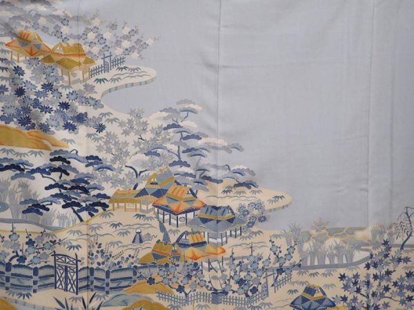 Photo8: 6109T14z1170  Japanese Kimono Silk Artst work IROTOMESODE Garden Dull light blue (8)