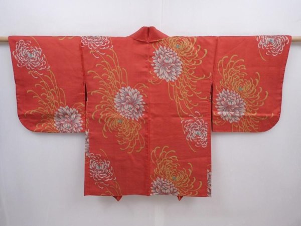 Photo1: 6109T01z380 Vintage Japanese Kimono Silk HAORI Chrysanthemum Orange-Red (1)