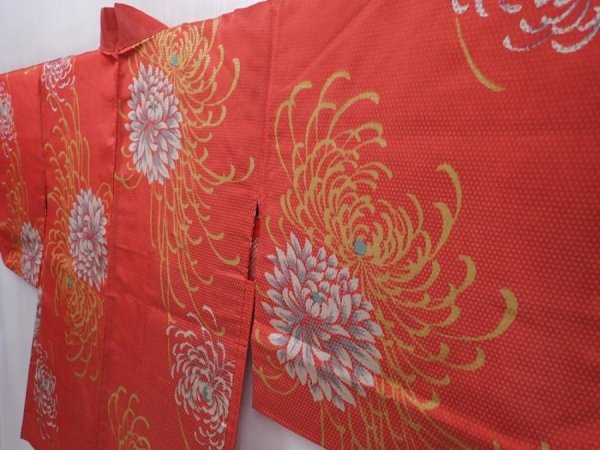 Photo2: 6109T01z380 Vintage Japanese Kimono Silk HAORI Chrysanthemum Orange-Red (2)