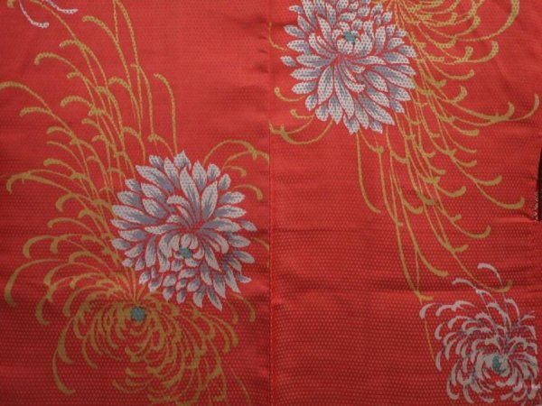 Photo3: 6109T01z380 Vintage Japanese Kimono Silk HAORI Chrysanthemum Orange-Red (3)