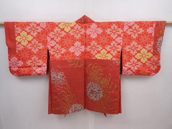 Photo6: 6109T01z380 Vintage Japanese Kimono Silk HAORI Chrysanthemum Orange-Red (6)