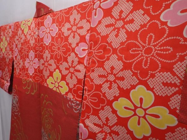 Photo7: 6109T01z380 Vintage Japanese Kimono Silk HAORI Chrysanthemum Orange-Red (7)
