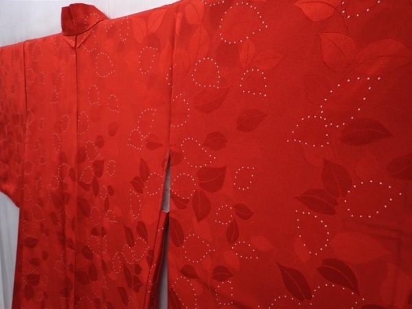 Photo2: 6109T03z580 Vintage Japanese Kimono Silk HAORI Leaf Dark red (2)